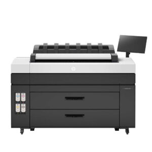 HP® DesignJet® XL 3800 Printer with dual drawers, front-facing touchscreen, and integrated output stacker for production-level performance.